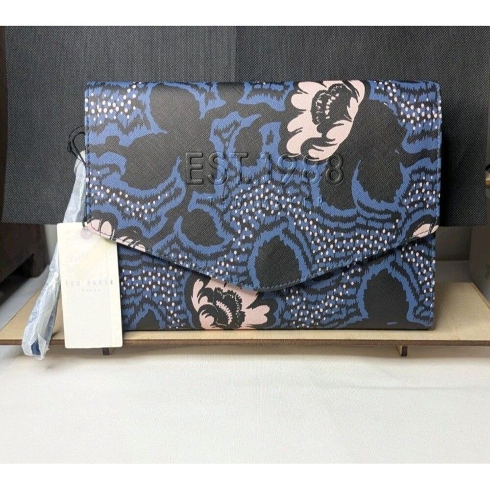Ted Baker Graphic Floral Pouch Wristlet/Tablet Case 7.5" x 10" Dark Blue, NWT